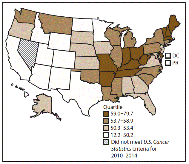 This figure is a U.S. map showing the incidence rates for female lung, bronchial, and tracheal cancers for 2010–2014.