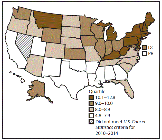 This figure is a U.S. map showing the incidence rates for female urinary bladder cancer for 2010–2014.