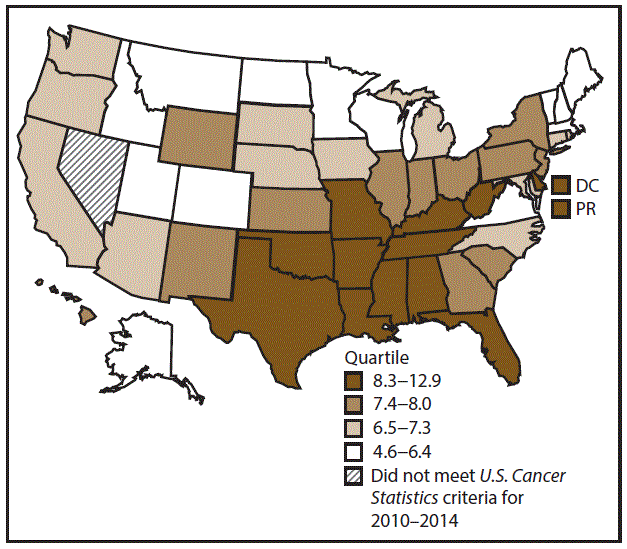This figure is a U.S. map showing the incidence rates for cervical cancer for 2010–2014.