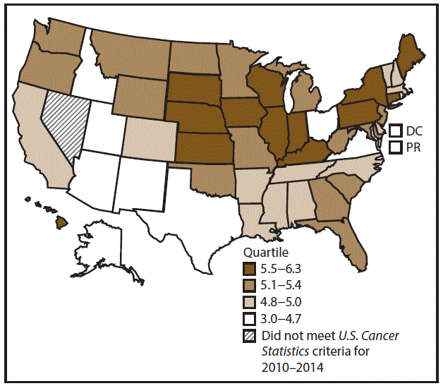 This figure is a U.S. map showing the incidence rates for male acute myeloid leukemia for 2010–2014.