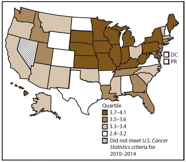This figure is a U.S. map showing the incidence rates for female acute myeloid leukemia for 2010–2014.
