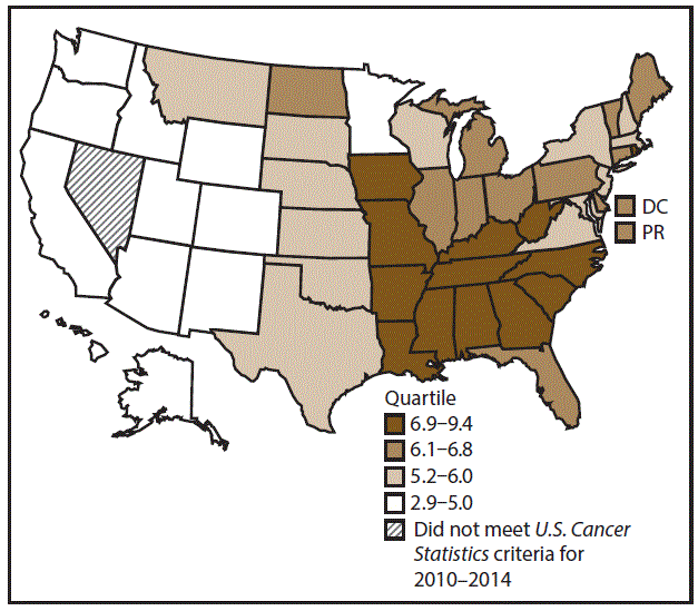This figure is a U.S. map showing the incidence rates for male laryngeal cancer for 2010–2014.