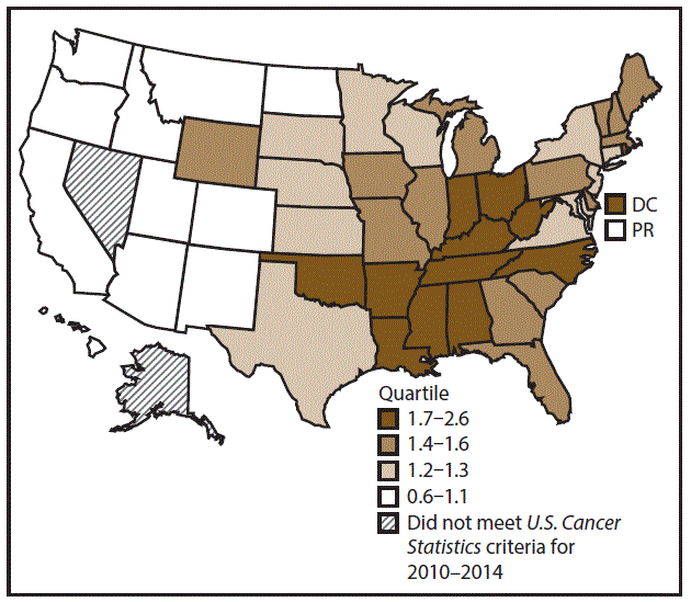 This figure is a U.S. map showing the incidence rates for female laryngeal cancer for 2010–2014.