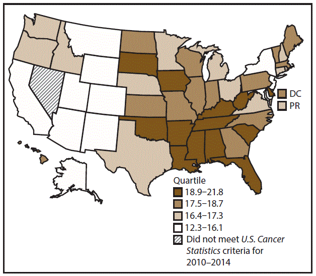 This figure is a U.S. map showing the incidence rates for male oral cavity and pharyngeal cancers for 2010–2014.