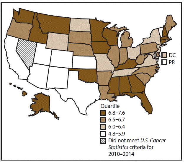 This figure is a U.S. map showing the incidence rates for female oral cavity and pharyngeal cancers for 2010–2014.