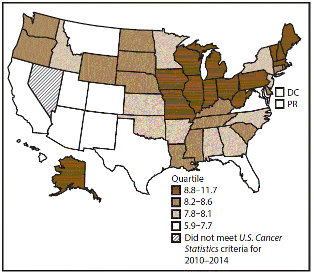 This figure is a U.S. map showing the incidence rates for male esophageal cancer for 2010–2014.