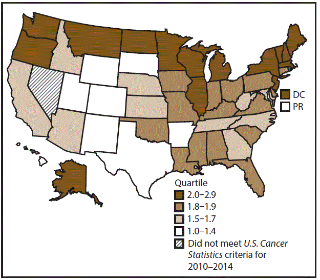 This figure is a U.S. map showing the incidence rates for female esophageal cancer for 2010–2014.