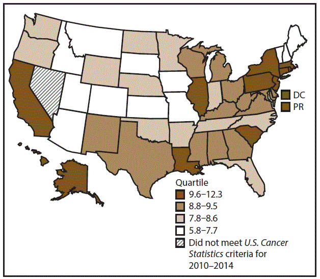 This figure is a U.S. map showing the incidence rates for male stomach cancer for 2010–2014.