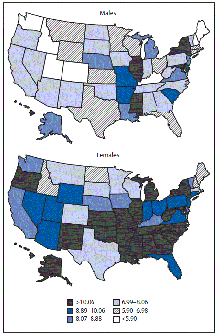 The figure above consists of two U.S. maps showing the annualized age-adjusted death rate per 1 million population for asthma deaths among persons aged 15–64 years, by sex and state, during 1999–2016.