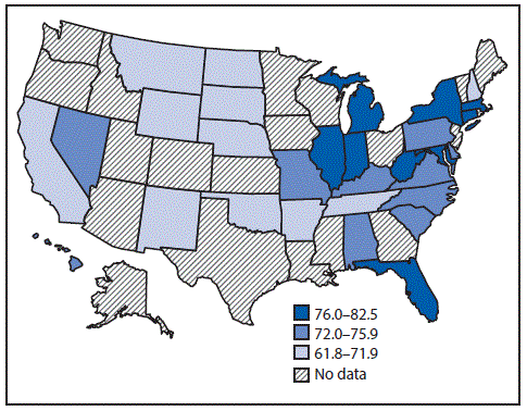 The figure above is a U.S. map showing prevalence of short sleep duration on an average school night among high school students, by state, based on data from the 2015 Youth Risk Behavior Survey.