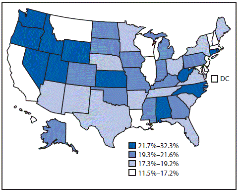The figure above is a map of the United States showing that the proportion of current cigarette smokers who reported concurrent use of a noncigarette tobacco product ranged from 11.5% in Delaware to 32.3% in Oregon.