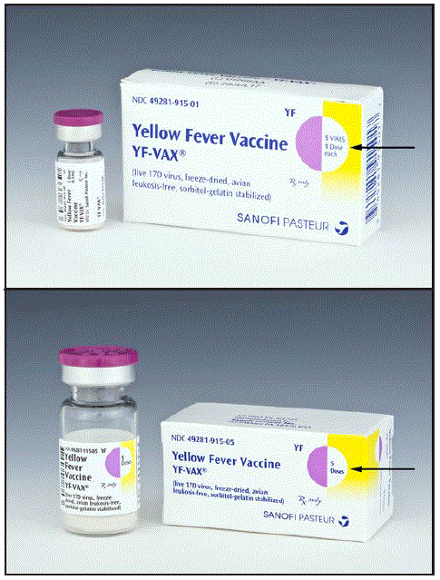 The figure above consists of two photos of yellow fever vaccine packages. The top photo shows the package for five single-dose vials, and the bottom photo shows the package for the 5-dose vial.