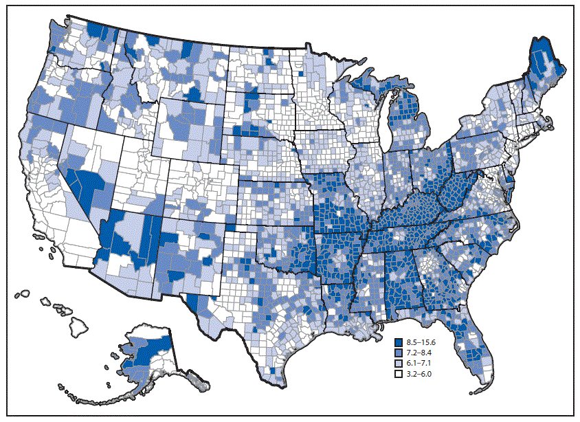The figure above is a U.S. map showing the unadjusted prevalence of diagnosed chronic obstructive pulmonary disease among adults aged ≥18 years, by county, in 2015.