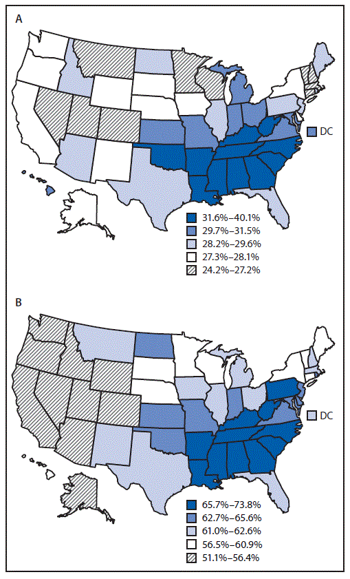 The figure above consists of two U.S. maps showing the age-standardized prevalence of self-reported hypertension among adults and the use of antihypertensive medication among adults with self-reported hypertension, by state and the District of Columbia, using 2015 data from the Behavioral Risk Factor Surveillance System.
