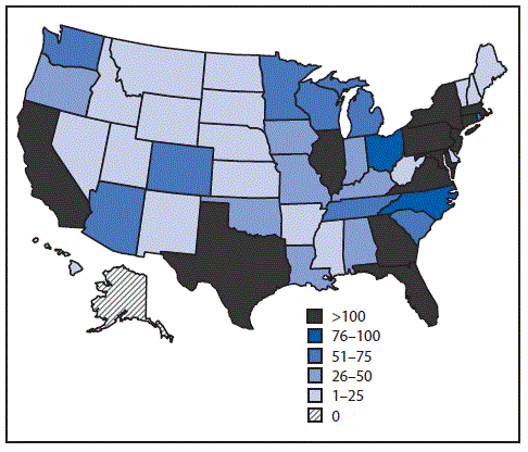 The figure above is a map showing the number of confirmed and probable Zika virus disease cases, by state of residence, in 50 U.S. states and the District of Columbia during January 1–December 31, 2016.