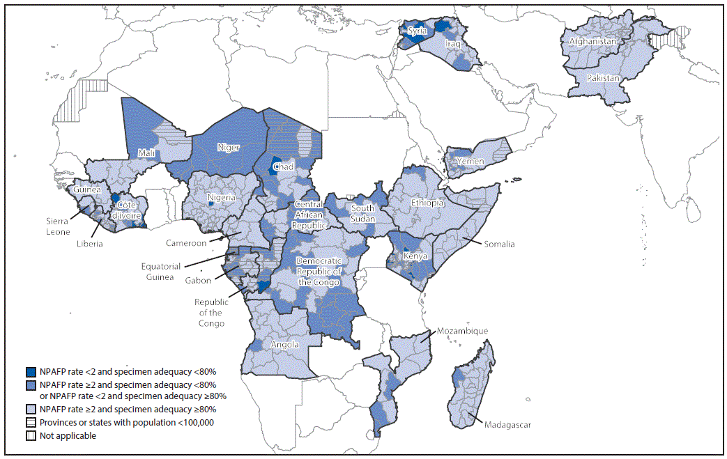 The figure above is a map showing combined performance indicators for the quality of acute flaccid paralysis surveillance in subnational areas (states and provinces) of 26 countries in the World Health Organization’s African and Eastern Mediterranean Regions that had poliovirus transmission during 2011–2017 or were affected by the Ebola outbreak in West Africa during 2014–2015.