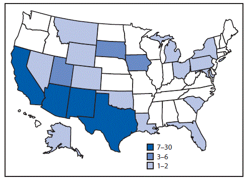 The figure above is a map showing infections with the outbreak strain of Salmonella Newport (n = 106), by state of residence in 21 states during October 2016–July 2017.