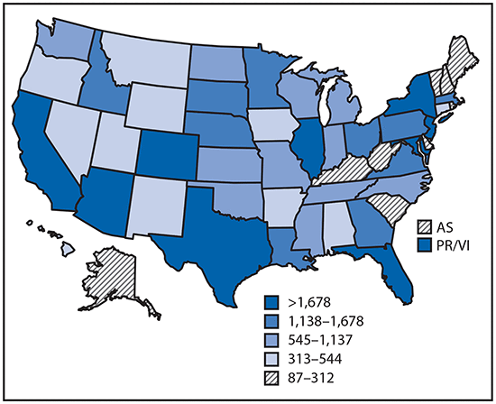 The figure above is a map of the United States showing reported cases of mosquitoborne disease in U.S. states and territories during 2004–2016.