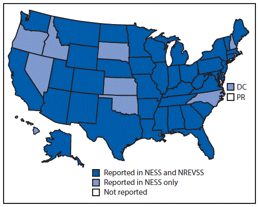 The figure above is a map of the United States showing the states from which enterovirus-positive or parechovirus-positive results were reported, by surveillance system (National Enterovirus Surveillance System or National Respiratory and Enteric Virus Surveillance System) during 2014–2016.