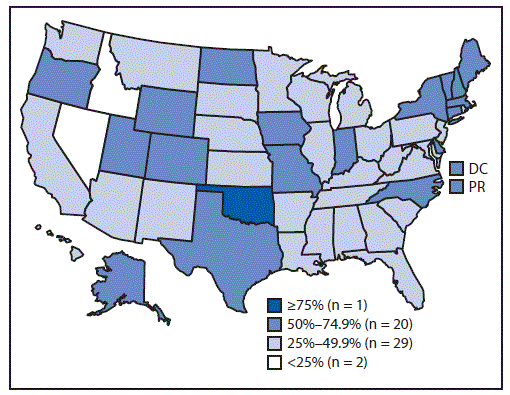 The figure above is a map of the United States, including Puerto Rico, showing the percentage of mental health treatment facilities that prohibited smoking in all indoor and outdoor locations during 2016, based on data from the National Mental Health Services Survey.