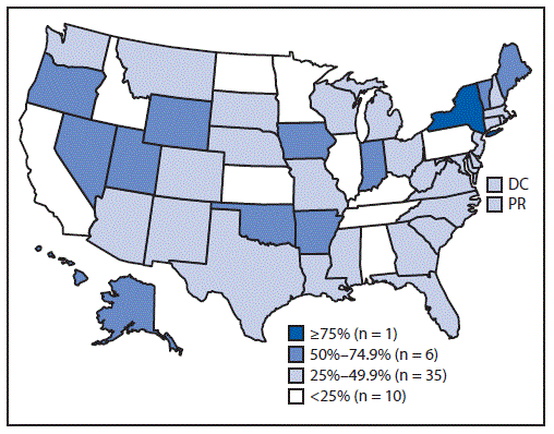 The figure above is a map of the United States, including Puerto Rico, showing the percentage of substance abuse treatment facilities that prohibited smoking in all indoor and outdoor locations during 2016, based on data from the National Survey of Substance Abuse Treatment Services.