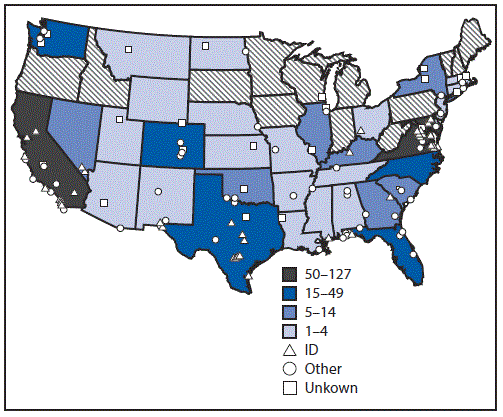 The figure above is a U.S. map showing the number of military service members who initiated human immunodeficiency virus (HIV) preexposure prophylaxis (PrEP) among personnel on active service who did not have HIV infection, by location of duty and prescribing clinic type, during 2014–2016.