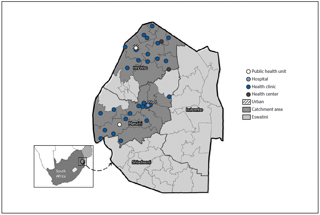 The figure above is a map of Eswatini showing CommLink catchment areas and referral human immunodeficiency virus–care facilities located in Eswatini during June 2015–March 2017.