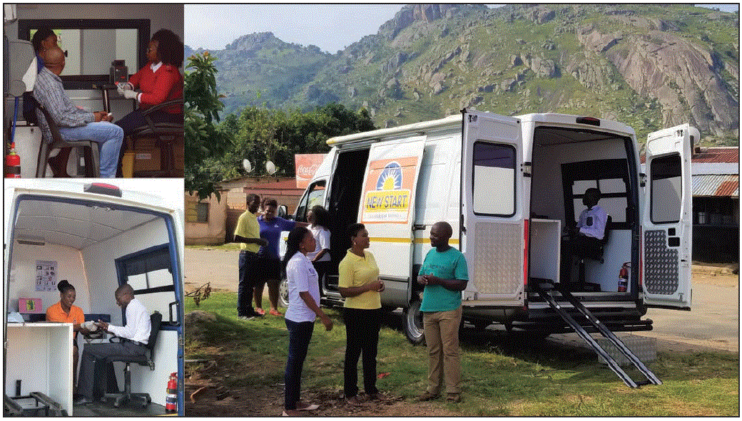 The figure above consists of three photographs showing CommLink outreach testing with point-of-diagnosis human immunodeficiency virus–care services in Eswatini during June 2015–March 2017.