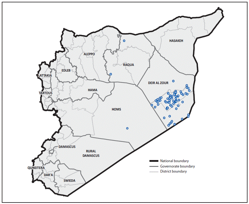 The figure above is a map showing the geographic distribution of cases (n = 74) of circulating vaccine-derived poliovirus type 2 in Syria during 2017.