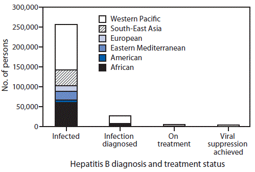 The figure above is a bar chart showing the care cascade for hepatitis B treatment, by World Health Organization region, in 2016.