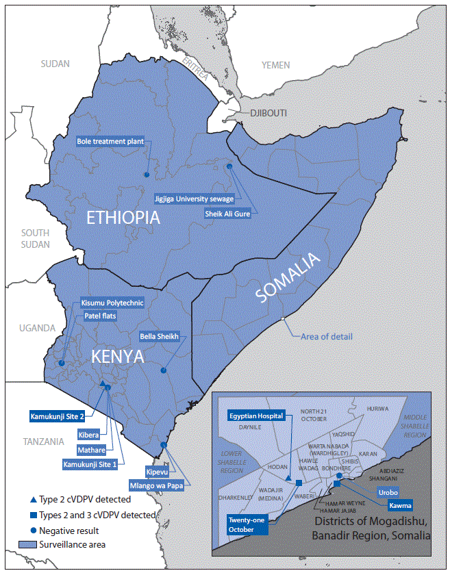 The figure above is a map of the Horn of Africa region showing environmental surveillance sites for detection of polioviruses in Ethiopia, Kenya, and Somalia during 2017–2018.