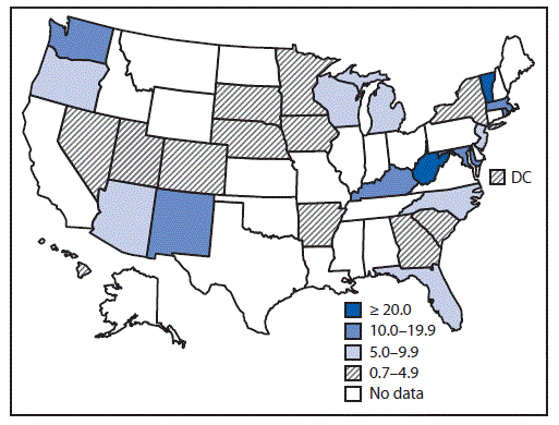 The figure above is a map showing the prevalence of opioid use disorder per 1,000 delivery hospitalizations in 28 U.S. states during 2013–2014.