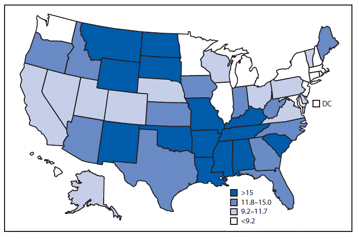 The figure above is a U.S. map showing age-adjusted death rates per 100,000 standard population for motor vehicle traffic injury in 2016. The highest age-adjusted death rates were in Mississippi (25.4), Alabama (23.3), and South Carolina (20.9). The lowest rates were in New York (5.3), Rhode Island (5.0), and the District of Columbia (4.5).