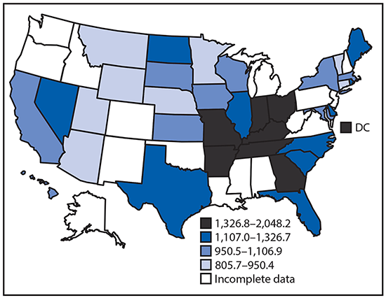 The figure above is a map showing the age-standardized overall Million Hearts–preventable event rates among adults aged ≥18 years by U.S. state in 2016