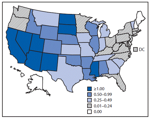 The figure is a map of the United States showing the rate of cases of West Nile virus neuroinvasive disease reported in 2017.