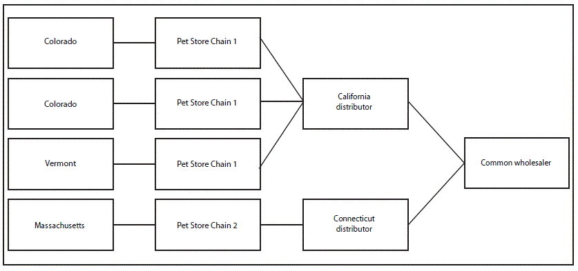 The figure is a flow chart showing the traceback of guinea pigs associated with human salmonellosis from patient to distributor of origin (n = 4) in three states during 2015–2017.