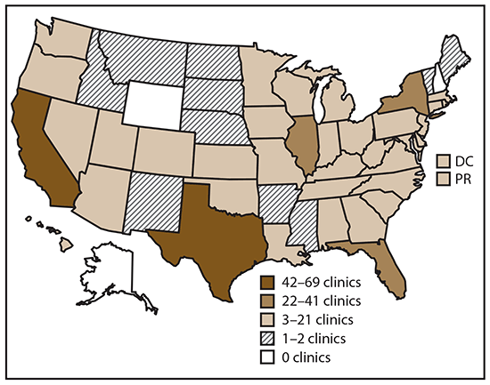 Map of United States shows the number and location of clinics providing assisted reproductive technology procedures. In 2016, 463 of 502 clinics (92.2%) in the United States, the District of Columbia, and Puerto Rico provided data to CDC.