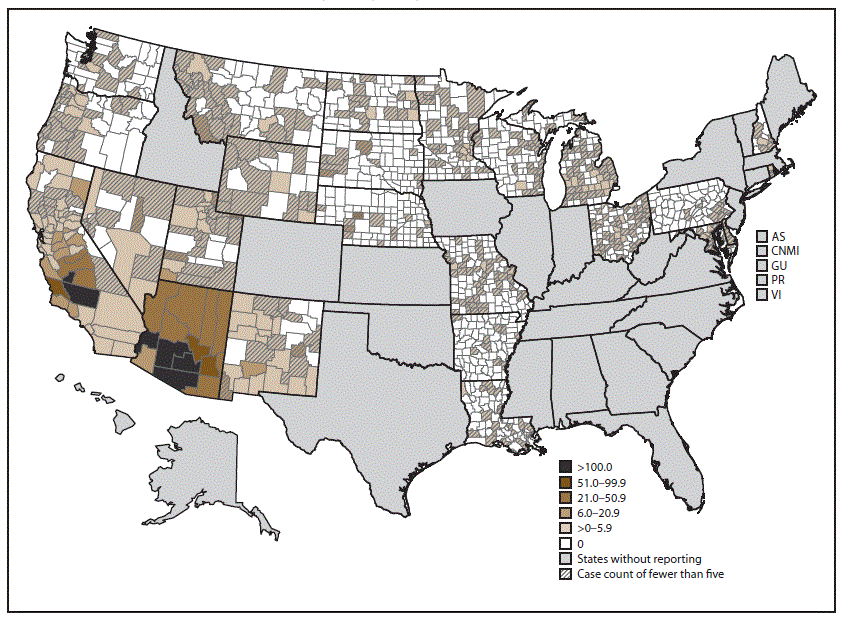 This figure is a map showing the average annual incidence of coccidioidomycosis during 2011–2017, shaded at the county level. The average annual incidence was highest in Maricopa County (166.0 per 100,000 population), Pinal County (150.7), and Pima County (120.3).