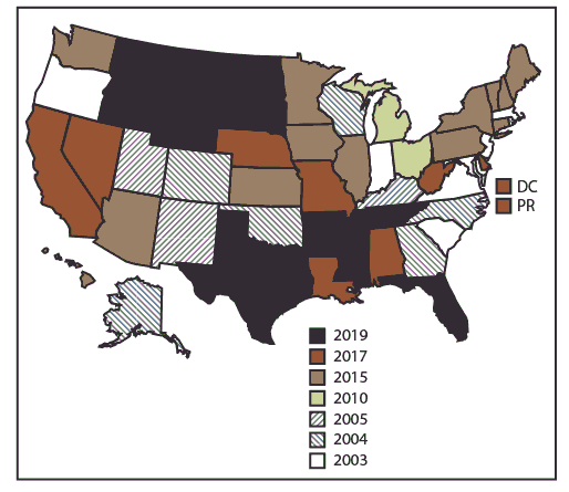 Map of United States indicates the year in which the state or territory began collecting data in the  National Violent Death Reporting System. California began collecting data for a subset of violent deaths  in 2005 but ended data collection in 2009. In 2017, California resumed data collection. Michigan  collected data for a subset of violent deaths during 2010–2013 and collected statewide data beginning  in 2014. In 2016, Illinois, Pennsylvania, and Washington began collecting data on violent deaths in a  subset of counties that represents at least 80% of all violent deaths in the states or in counties where at  least 1,800 violent deaths occur. In 2019, all 50 U.S. states, Puerto Rico, and the District of Columbia  were participating in the system.