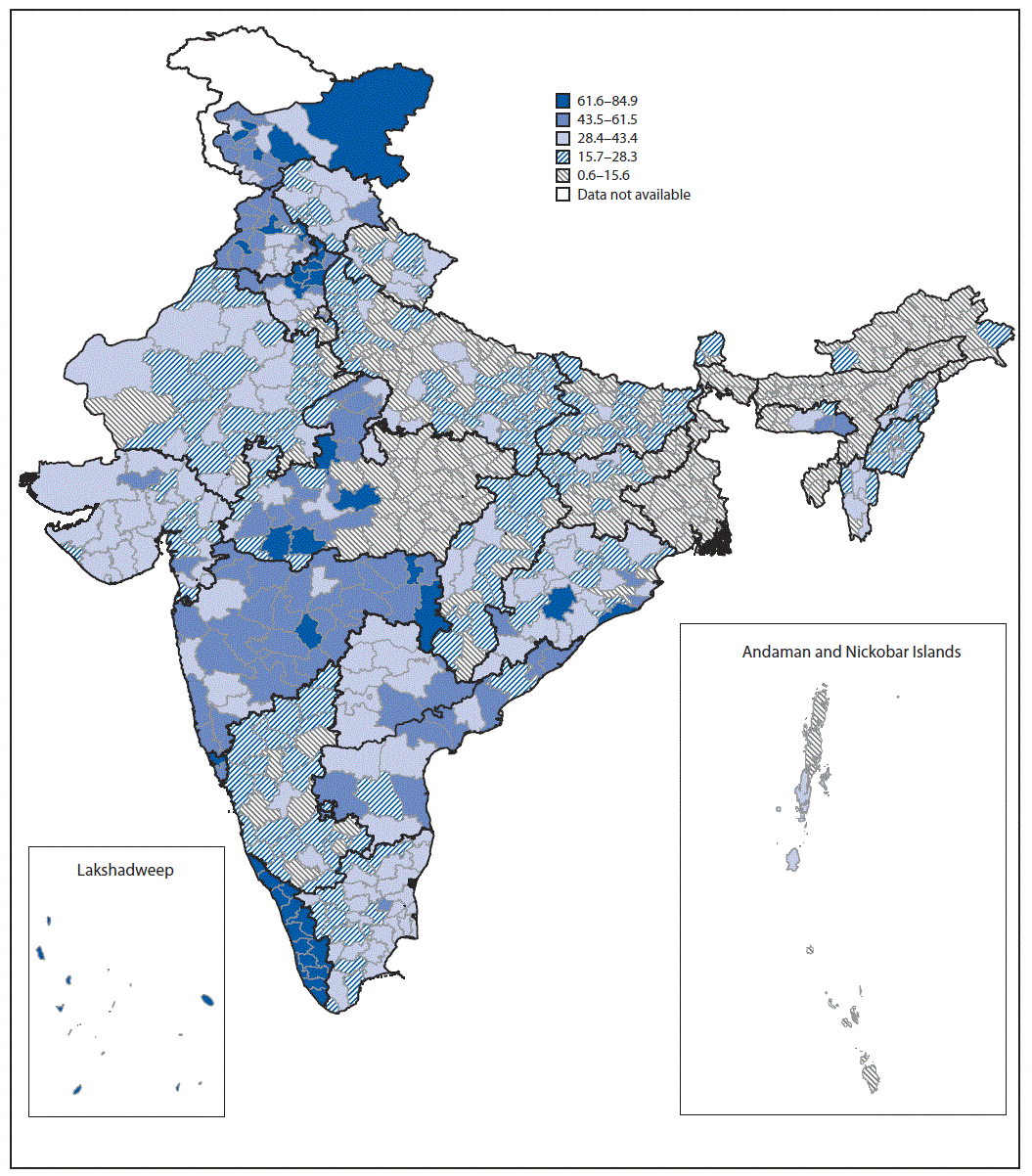 The figure is a map showing the prevalence of cervical cancer screening among women aged 30–49 years, by district in India during 2015–2016, according to the National Family Health Survey-4.