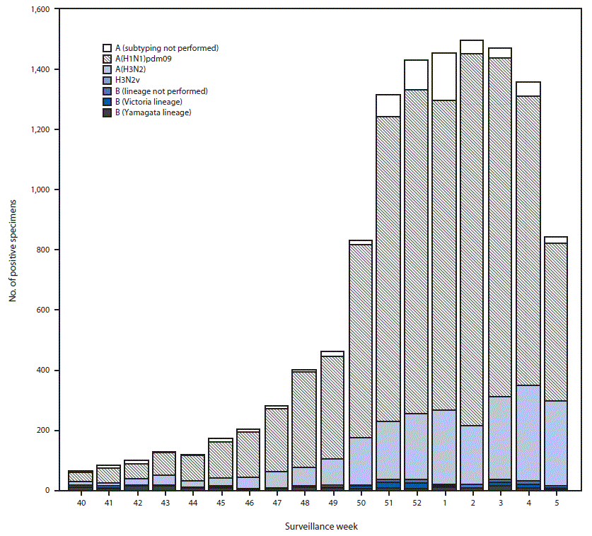 The figure is a bar chart showing the number of respiratory specimens testing positive for influenza reported by public health laboratories, by influenza virus type, subtype/lineage, and surveillance week, in the United States during September 30, 2018–February 2, 2019.