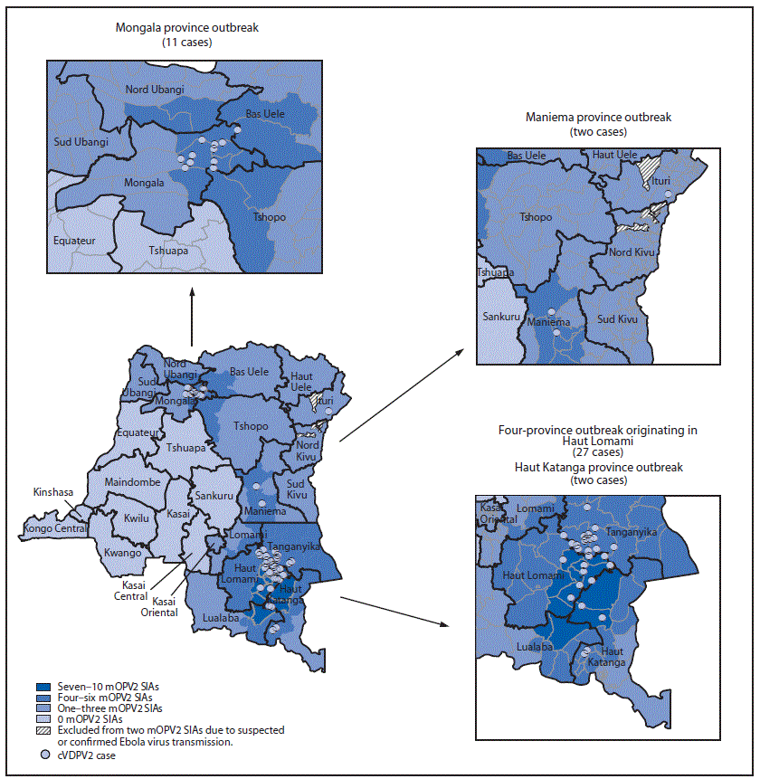 The figure is a map with insets indicating geographic distribution of circulating vaccine-derived poliovirus type 2 cases, by location and number of response supplementary immunization activities with monovalent oral poliovirus vaccine type 2, in the Democratic Republic of Congo during 2017–2018.