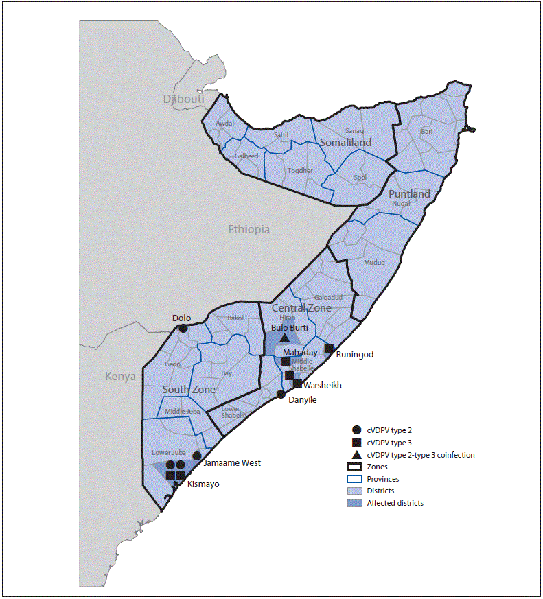 The figure is a map indicating geographic distribution of circulating vaccine-derived poliovirus type 2 and type 3 cases, as of February 26, 2019, by location in Somalia during 2018.