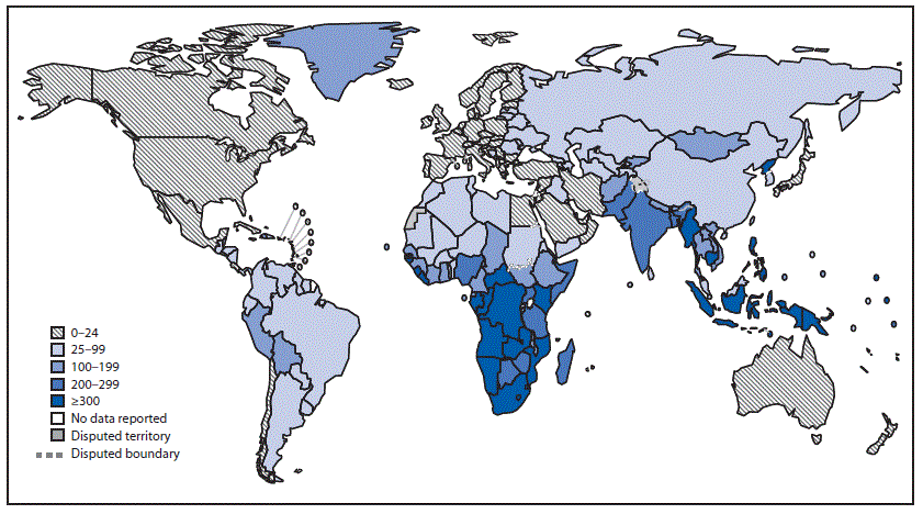 The figure is a map showing the annual tuberculosis incidence (per 100,000 population), by region, worldwide, in 2017.