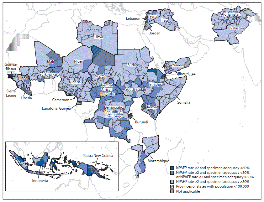 The figure is a map showing the combined performance indicators for the quality of acute flaccid paralysis surveillance during 2017 in subnational areas of 31 countries identified as Global Polio Eradication Initiative high-priority countries during 2018–2020 in the World Health Organization African, Eastern Mediterranean, South-East Asia, and Western Pacific regions.