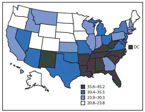 The figure is a map showing age-standardized, state-specific prevalence of severe joint pain among U.S. adults aged ≥18 years with arthritis according to the Behavioral Risk Factor Surveillance System during 2017.