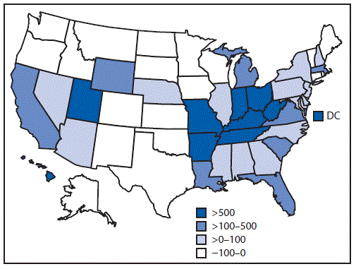 The figure is a map showing the percent change in reported hepatitis A infections in the United States, during 2013–2015 and 2016–2018, using data from the National Notifiable Diseases Surveillance System.