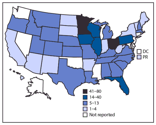 The figure is a map of the United States, showing reported cryptosporidiosis outbreaks (N = 444), by exposure jurisdiction during 2009–2017.