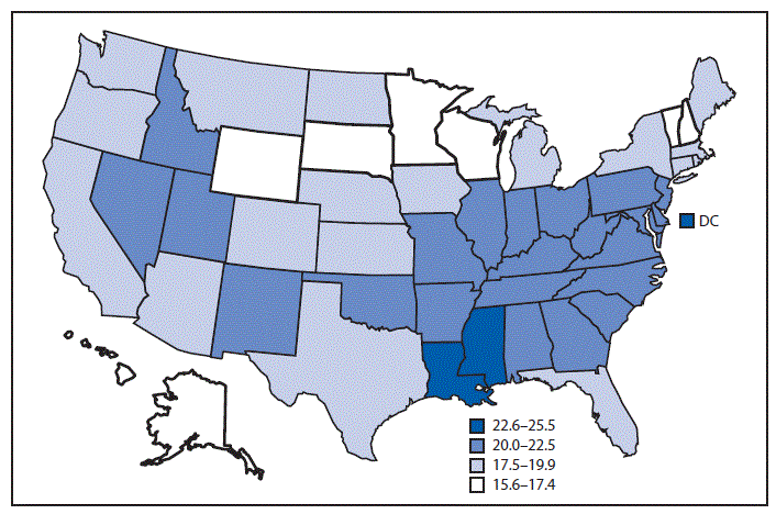 The figure is a map of the United States showing the age-adjusted death rates from female breast cancer, by state, based on 2017 data from the National Vital Statistics System. In 2017, the overall age-adjusted death rate for female breast cancer was 19.9 per 100,000 population, and the highest death rates were in Mississippi, the District of Columbia, and Louisiana.