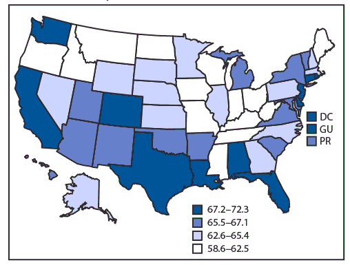 The figure is a U.S. map, showing the percentage of current and former cigarette smokers aged ≥18 years who, in 2017, reported a past-year quit attempt in the 50 states, the District of Columbia, Guam, and Puerto Rico.